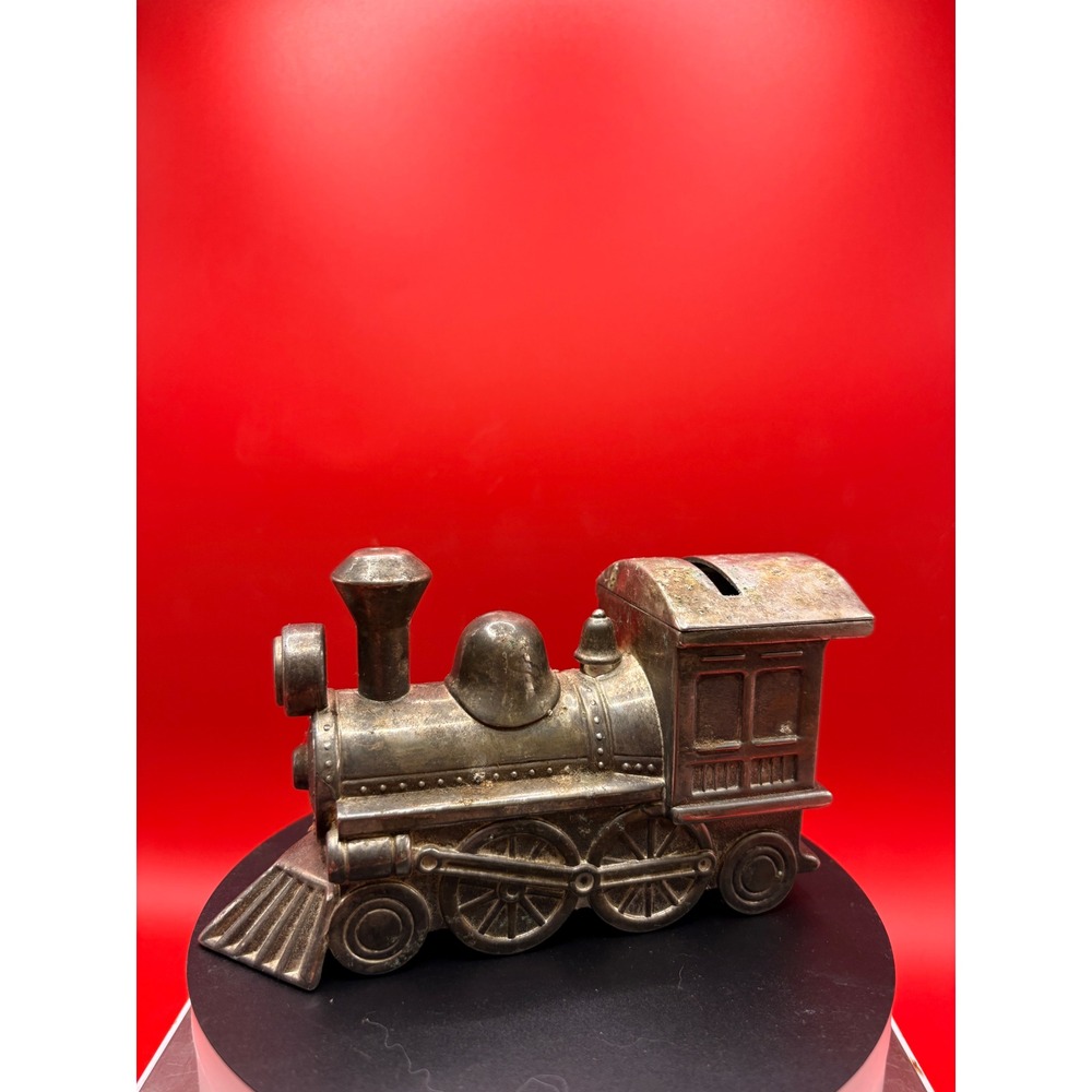 Vintage Silver Tone Metal Locomotive Steam Engine Coin Bank Train Figurine